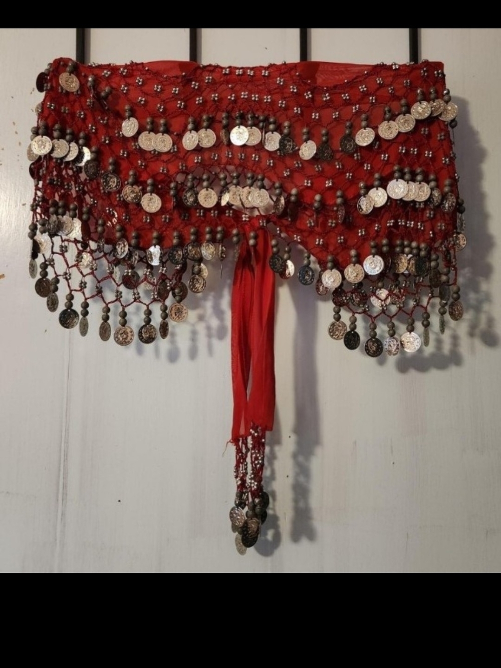 Red Coin Fringe Belly Dance Hip Scarf